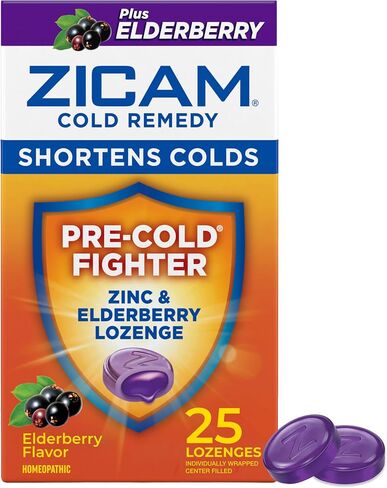 Zicam Cold Remedy Zinc Lozenges, Elderberry Flavor, Homeopathic, Soothes Sore Throat and Coughs, Cold Shortening Medicine, Shortens Cold Duration, 25 Count in Kuwait
