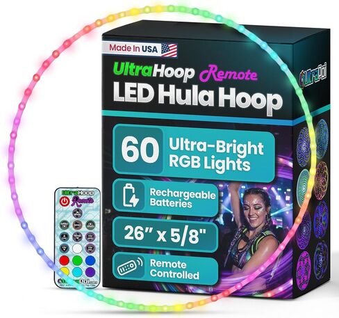 UltraHoop Remote LED Hoop - Wireless Control 60 Color Changing LED Lights w/ 300+ Modes & Patterns - Rechargeable Battery, HDPE Collapsible, Advanced to Beginner Hoola Hoops - 28" x 5/8" OD - UltraPoi in Kuwait
