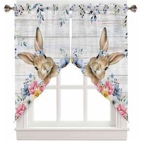 Easter Rabbit Swag Valance Curtains Blue Pink Flowers Eucalyptus Leaves Retro Wooden Texture Rod Pocket Kitchen Curtains Scalloped Window Treatment Valances Swag Curtains for Living Room, 28"W x 36"L in Kuwait