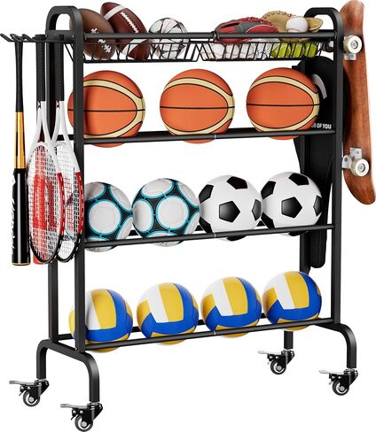 Ball Rack Organizer with Wheels, 4Tier-Rolling Basketball Racks Holder for Balls, Sports Equipment Storage Stand Organizer for Basketball, Football, Soccer and Volleyball, Black in Kuwait