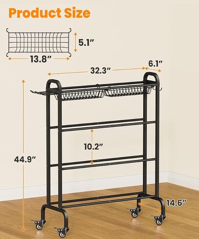 Ball Rack Organizer with Wheels, 4Tier-Rolling Basketball Racks Holder for Balls, Sports Equipment Storage Stand Organizer for Basketball, Football, Soccer and Volleyball, Black in Kuwait