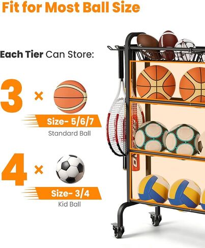 Ball Rack Organizer with Wheels, 4Tier-Rolling Basketball Racks Holder for Balls, Sports Equipment Storage Stand Organizer for Basketball, Football, Soccer and Volleyball, Black in Kuwait