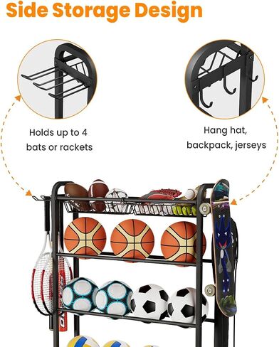 Ball Rack Organizer with Wheels, 4Tier-Rolling Basketball Racks Holder for Balls, Sports Equipment Storage Stand Organizer for Basketball, Football, Soccer and Volleyball, Black in Kuwait