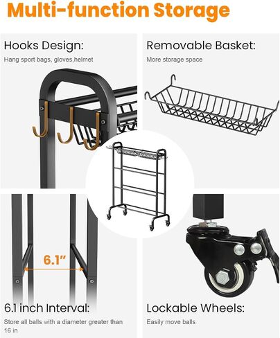 Ball Rack Organizer with Wheels, 4Tier-Rolling Basketball Racks Holder for Balls, Sports Equipment Storage Stand Organizer for Basketball, Football, Soccer and Volleyball, Black in Kuwait