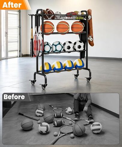Ball Rack Organizer with Wheels, 4Tier-Rolling Basketball Racks Holder for Balls, Sports Equipment Storage Stand Organizer for Basketball, Football, Soccer and Volleyball, Black in Kuwait
