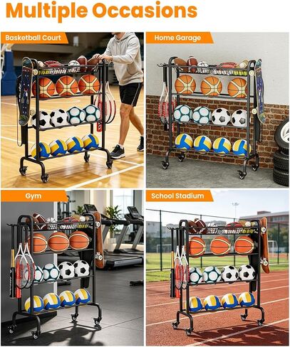 Ball Rack Organizer with Wheels, 4Tier-Rolling Basketball Racks Holder for Balls, Sports Equipment Storage Stand Organizer for Basketball, Football, Soccer and Volleyball, Black in Kuwait