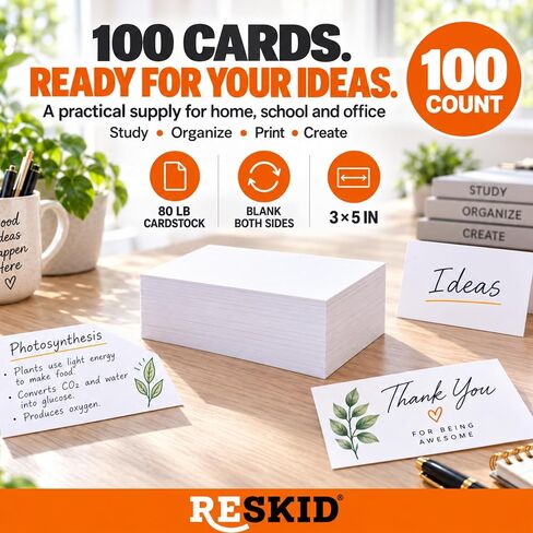 100 Pack of 3x5 inches Thick Heavyweight Index Cards on 80lb Card Stock - Perfect for Note-Taking, Studying, and Organization - Ideal for Classrooms, Office, and Home Use (100) in Kuwait