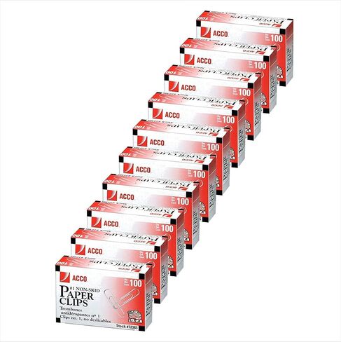Acco Brand Paper Clips, #1 Size, Economy, Non-skid, 10 Boxes, 100/Box (72385) in Kuwait