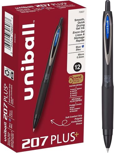 uniball 207 Plus+ Retractable Rollerball Gel Pens 12 Pack in Blue with 0.5mm Micro Point Pen Tips - Uni-Super Ink+ is Smooth, Vibrant, and Protects Against Water, Fading, and Fraud in Kuwait