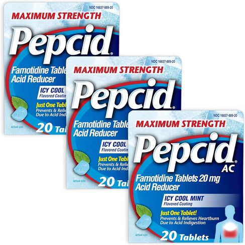 Pepcid AC Maximum Strength Heartburn Relief Tablets with an Icy Cool Mint Flavored Coating, Prevents & Relieves Heartburn due to Acid Indigestion & Sour Stomach, 20 mg Famotidine, 40 ct in Kuwait
