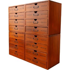 16-Drawer Wooden Storage Box (19.6"x6.89"x19.6") VIntage Filing Cabinet in Walnut Wood - 16-Slot Wooden Desk Drawer Unit w/Label Holders & Handles - Multi Level Countertop Drawer Organizer in Kuwait