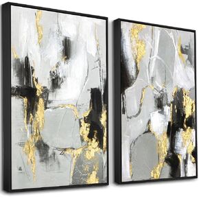 Black Gold Abstract Wall Art - Hand-Painted Geometric Line Spiral Duo Abstract Shapes Canvas Artwork Decor, Set of 2, 24 x 36 Inches, Framed Wall Art in Kuwait