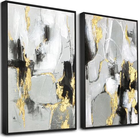 Black Gold Abstract Wall Art - Hand-Painted Geometric Line Spiral Duo Abstract Shapes Canvas Artwork Decor, Set of 2, 24 x 36 Inches, Framed Wall Art in Kuwait