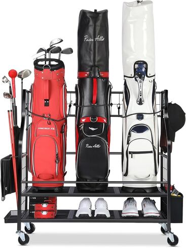 3 Golf Bag Storage Garage Organizer, Golf Bag Stand Fit for 3 Golf Bags, Golf Clubs, Golf Balls, Golf Equipment Accessories, Golf Bag Storage Rack with Wheels for Garage, Club, Shed, Basement in Kuwait