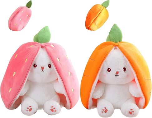 قطعتان من وسادة لعبة قطيفة، أرنب فراولة جزري قابل للعكس مع سحاب، أرنب عيد الفصح المحشو على شكل حيوان لطيف أرنب قطيفة هدية عيد ميلاد للأولاد والبنات والأطفال (قطعتان فراولة وجزر 7 بوصات) in Kuwait