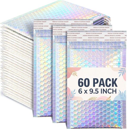 60 Pcs 6 x 9.5 Inch Holographic Bubble Mailers Metallic Padded Envelopes Waterproof Adhesive Shipping Bags Cushioning Padded Mailers for Mailing, Shipping, Packing, Small Business, 3 Colors in Kuwait