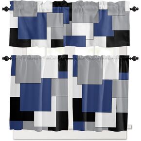 3 PCS Kitchen Curtains and Valances Set Rod Pocket Semi-Sheer Tier Curtains and Valances for Windows, Modern Abstract Art Color Block Black and Navy Curtains Living Room Bedroom Drapes 24 Inch Length in Kuwait