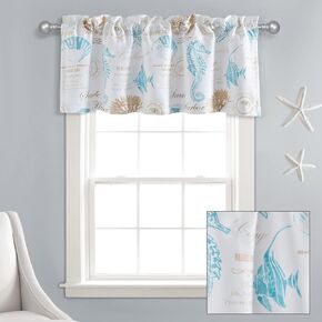 ستائر نافذة مرشحة للضوء من Lush Decor Harbour Life، زوج، 52 بوصة عرض × 84 بوصة طول، أزرق ورمادي داكن - ستائر ساحلية بحرية على شكل حصان البحر والصدف - ستائر شاطئية لغرفة النوم أو غرفة المعيشة أو الطعام in Kuwait