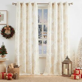 Linen Curtains Gold Leaf Patterned for Living Room, Tropical Farmhouse Semi Sheer Grommet Drapes Bedroom Light Filtering Window Curtain 54x63Inch, 2 Panels in Kuwait