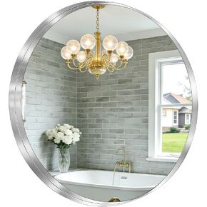28-Inch Circle Mirror Brushed Nickel Silver Wall Mounted Round Mirror, Glass Panel Circle Deep Set Design Stainless Steel Framed Mirror for Bathroom, Entryways, Living Rooms in Kuwait