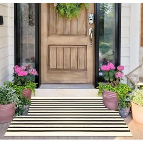 BUAGETUP Black and White Layered Doormat,27.5x43.3inch Striped Outdoor Rug Hand Woven Cotton Indoor Outdoor Rug for Porch Layered in Kuwait