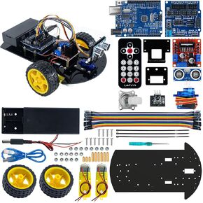 طقم هيكل السيارة الروبوتية الذكية 2WD مع لوحة R3 لوحدة الموجات فوق الصوتية، جهاز تحكم عن بعد متوافق مع مجموعة Arduino IDE DIY in Kuwait