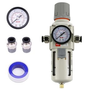 RIH 1/4" NPT Auto Drain Compressed Air Filter Regulator Combo Piggyback, 5 Micron Brass Element, Poly Bowl, Metal Bracket, 0-150 psi Gauge Air Tool Compressor Filter with Gauge (1/4" NPT) in Kuwait