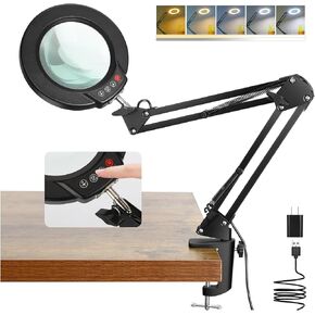 10X Magnifying Glass with Light and Stand, 5 Color Modes Stepless Dimmable 2-in-1 Lighted Magnifier with Clamp, LED Desk Lamp Hands Free for Craft Hobby Reading Painting Sewing Close Work in Kuwait
