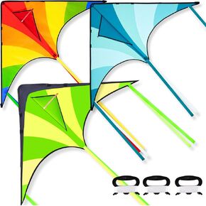 JOYIN 3 Packs Large Delta Kite Green, Blue and Rainbow, Easy to Fly for Kids with 262.5 ft String, Large Delta Beach Kite for Outdoor Games and Activities in Kuwait