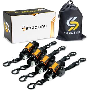 Strapinno Retractable Ratchet Straps - 1 in x 12 ft Heavy Duty Tie Downs, 1800lbs Breaking Strength Each, S Hooks with Safety Clip, AutoRetract, for Moving, Motorcycle, Boat, Kayak, and Cargo (2) Red in Kuwait