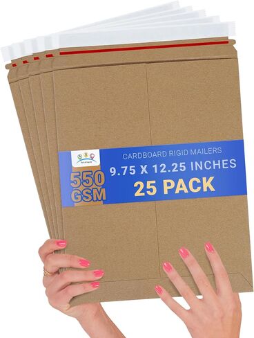 ABC PACK & SUPPLY رسائل بريدية صلبة مقاس 9.75 × 12.25 بوصة، مغلفات من الورق المقوى البني، شريط ممزق ذاتي الغلق، ورق مقوى 550 جرام في المتر المربع، تصميم ثابت، عبوة من 25 قطعة in Kuwait