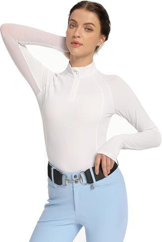 Harrison Howard Equestrian Tops Female Long Sleeve Half Mesh Arm Design Quick-Dry Summer Top with Smart Shoulder Lines & Stylish Neckline Dark Blue Medium in Kuwait