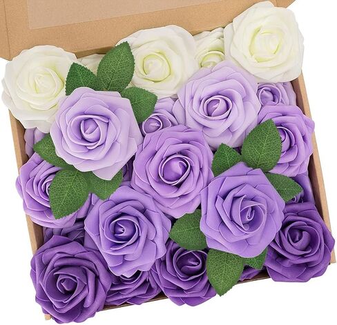 N&T NIETING Purple Roses Artificial Flowers 25Pcs Fake Flowers Foam Roses with Stems for DIY Wedding Bridesmaid Bridal Bouquets Centerpieces Party Home Decoration Baby Shower, Series Purple in Kuwait