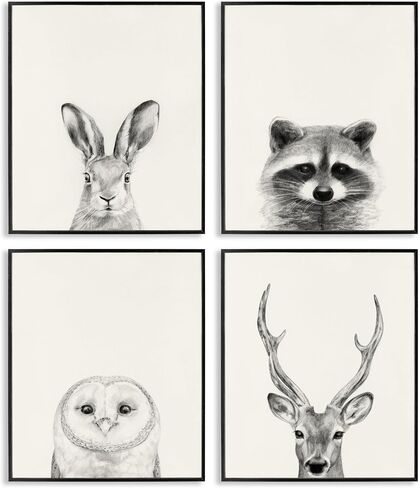 Stupell Industries Woodland Animals تصميم رسم رمادي، صممه Victoria Borges Wall Art، 4 قطع، كل منها 11 × 1.5 × 14، مؤطرة باللون الأسود in Kuwait