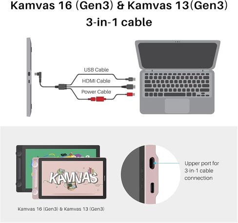 HUION CB01 3in1 HDMI Cable for Graphics Drawing Tablet Kamvas Pro 16 Pro 13 Pro 12 in Kuwait