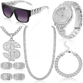 9 Pcs Hip Hop Jewelry Set Dollar Sign Pendant Necklace Bracelet Diamond Watch Punk Sunglasses Lucky Rings for Men in Kuwait
