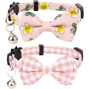 Cat Collar Set 2pcs Leopard Plaid Grid Solid Kitten Safety Bow Tie Bell Girl Boy Breakaway Cute Puppy Leopard & Plaid-Yellow in Kuwait