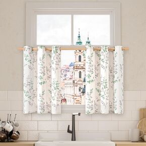 BGment Short Linen Kitchen Curtains 36 Inch Length 2 Panels Set, Boho Tier Curtains, Half Window Cafe Curtains for Dining Room Farmhouse Bathroom, Print Leaf Design, Each 42 Inch Wide, Brown in Kuwait