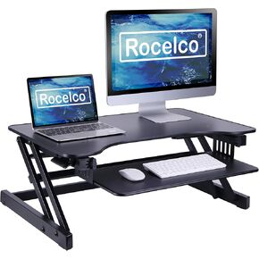 محول مكتب قائم قابل للتعديل بارتفاع 37.5 بوصة من Rocelco - حامل شاشة مزدوج للوقوف السريع - محطة عمل كمبيوتر لمساعدة زنبرك الغاز - صينية لوحة مفاتيح كبيرة قابلة للسحب - أسود (R DADRB) in Kuwait