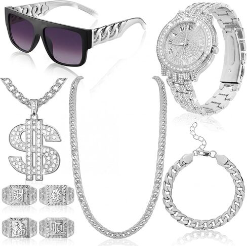 9 Pcs Hip Hop Jewelry Set Dollar Sign Pendant Necklace Bracelet Diamond Watch Punk Sunglasses Lucky Rings for Men in Kuwait