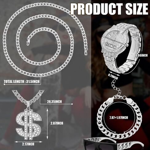 9 Pcs Hip Hop Jewelry Set Dollar Sign Pendant Necklace Bracelet Diamond Watch Punk Sunglasses Lucky Rings for Men in Kuwait
