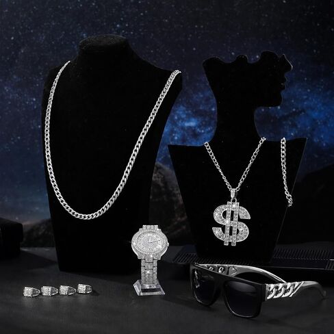 9 Pcs Hip Hop Jewelry Set Dollar Sign Pendant Necklace Bracelet Diamond Watch Punk Sunglasses Lucky Rings for Men in Kuwait