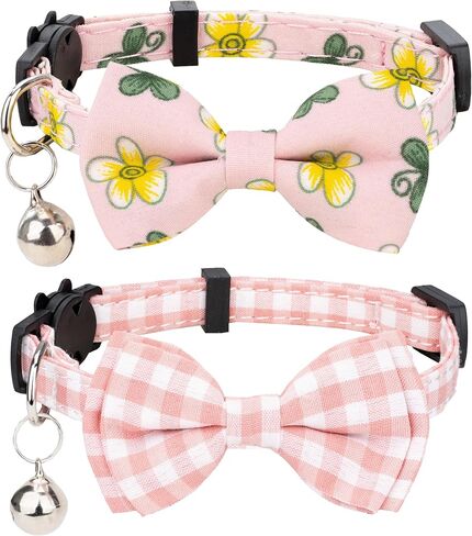 Cat Collar Set 2pcs Leopard Plaid Grid Solid Kitten Safety Bow Tie Bell Girl Boy Breakaway Cute Puppy Leopard & Plaid-Yellow in Kuwait
