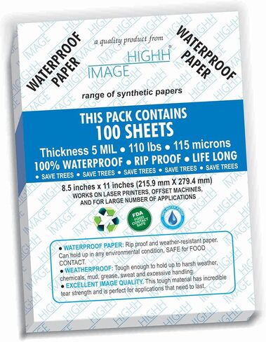 WATERPROOF PAPER | 100 SHEETS, THICKNESS 5 MIL 110 LB, SYNTHETIC PAPER, 8.5X11 from HIGHH IMAGE | PRINT WITH LASER PRINTERS | OFFICE PRINTERS… in Kuwait