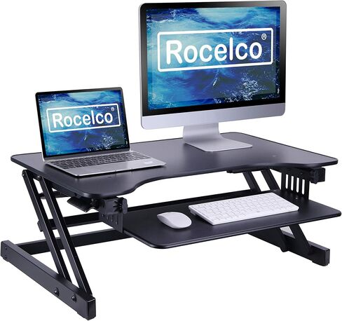 محول مكتب قائم قابل للتعديل بارتفاع 37.5 بوصة من Rocelco - حامل شاشة مزدوج للوقوف السريع - محطة عمل كمبيوتر لمساعدة زنبرك الغاز - صينية لوحة مفاتيح كبيرة قابلة للسحب - أسود (R DADRB) in Kuwait