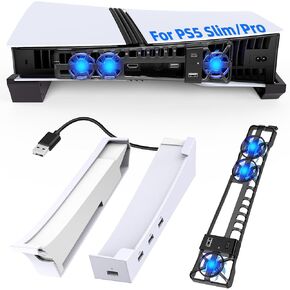 حامل أفقي ومروحة تبريد لجهاز PS5 Slim الرقمي/القرص، ومحطة شاحن وحدة التحكم مع 4 محاور USB، ومروحة صامتة منفصلة 3 عالية السرعة مع منفذ USB 3.0 وإضاءة LED لوحدة التحكم PS5 Slim in Kuwait