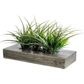 MyGift 10 Inch Artificial Green Grass Plants in Deluxe Acacia Solid Wood Decorative Planter Pot, Faux Greenery in Rectangular Wooden Container in Kuwait