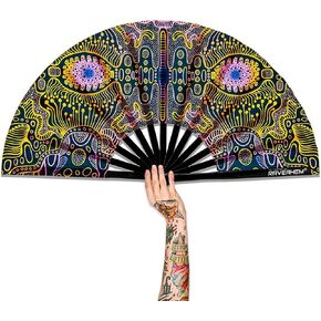 UV Glow Rave Fan, Bamboo Folding Clack Hand Fans Foldable for Men Women, Poping Fan for EDM Festival Line Dance Decoration, (Waves-2, Medium 11") in Kuwait
