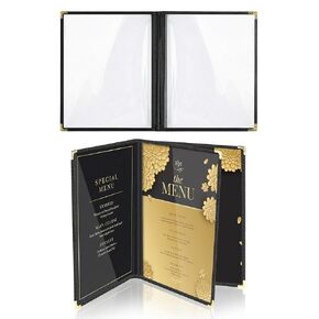 Flexzion Menu Covers 8.5 x 11 Inch - Book Style Menu Holders for Restaurant, Hotel, Cafe, Bar & Pubs - Transparent Clear Menu Covers with 3 Page 6 View, (30 Packs) Menu Folders with Gold Metal Corner in Kuwait