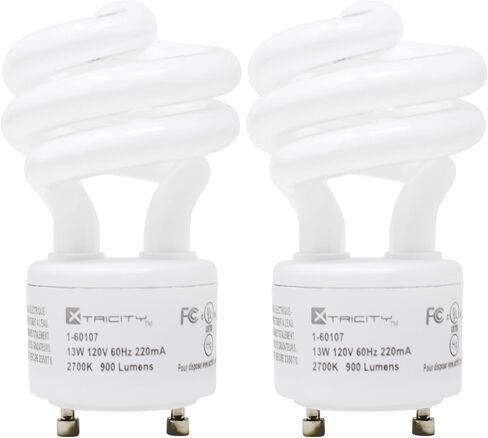 لمبة إضاءة Xtricity Compact Fluorescent GU24، T2 Spiral CFL، 2 لمبات إضاءة شوكية، 2700 كيلو أبيض ناعم، 13 وات (ما يعادل 60 واط)، 900 لومن، 120 فولت، مدرج في قائمة UL (4 عبوات) in Kuwait
